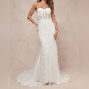 Lulus Ravishing Romance White Embroidered Feather Bustier Maxi Wedding Dress, XL